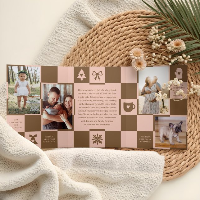 Year in Review Retro Chequered Christmas Photos Tri-Fold Holiday Card (Year in Review Retro Checkered Christmas Photos Tri-Fold Holiday Card)
