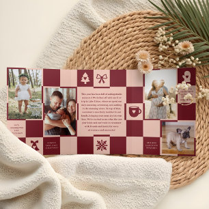 Year in Review Retro Chequered Christmas Photos Tri-Fold Holiday Card