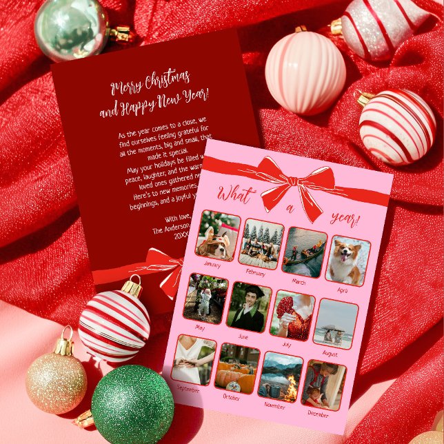 Year In Review What A Year Pink Red Photo Collage Holiday Card (Creator Uploaded)