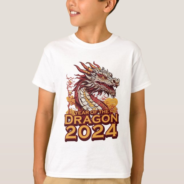 Year of the dragon 2024 Boy's white Shirt, Dragon T-Shirt (Front)