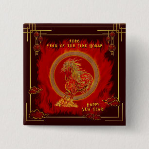 Year of the Fire Horse , Happy Lunar New Year 15 Cm Square Badge