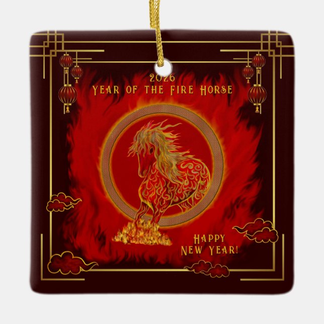 Year of the Fire Horse , Happy Lunar New Year Ceramic Ornament (Front)
