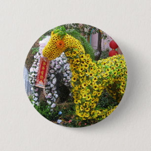 Year of the Horse 春節馬 ... Chinese Flower Topiary 6 Cm Round Badge