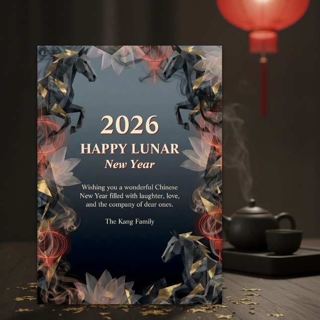 Year of the Horse 2026 Lunar Chinese New Year Holiday Card (2026 Lunar New Year – Year of the Horse, Lotus & Lanterns)