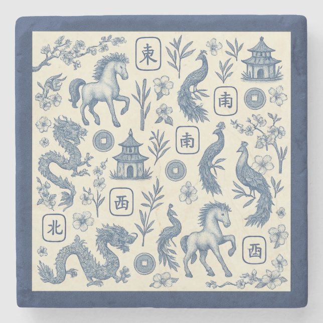 Year of the Horse Mahjong Toile Stone Coaster (Front)