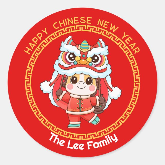 Year of The Horse (Red and Gold) CNY Cute Classic Round Sticker (Front)