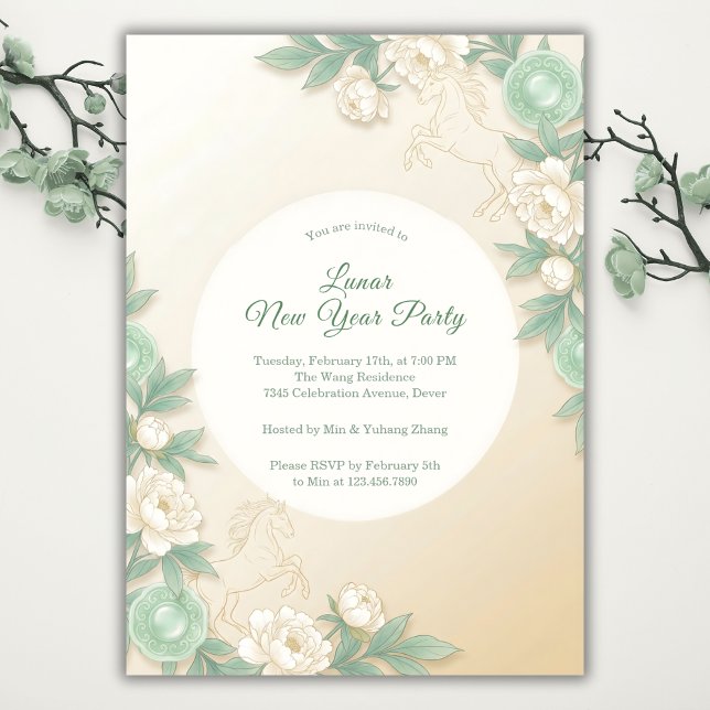 Year of the Horse Zodiac 2026 Lunar New Year Invitation (Modern Pastel Chinoiserie Floral Lunar New Year Party Invitation)
