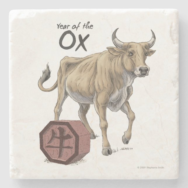 Year of the Ox Chinese Zodiac Animal Art Stone Coaster (Front)