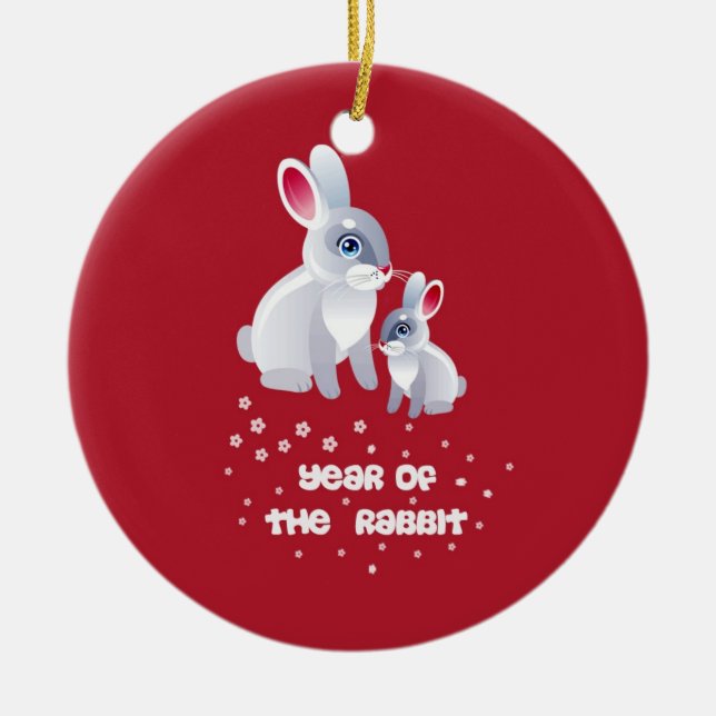 Year of the Rabbit . Cute Bunnies Ceramic Tree Decoration (Front)