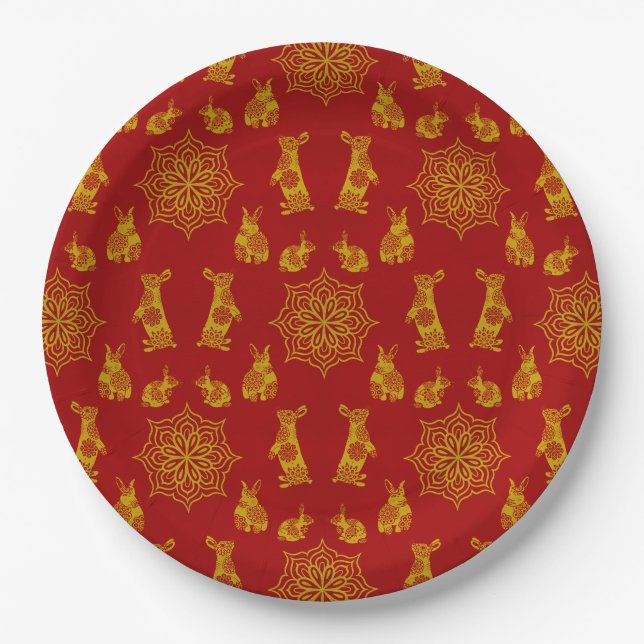 Year of the Rabbit Red and Gold Mandala Pattern Paper Plate (Front)