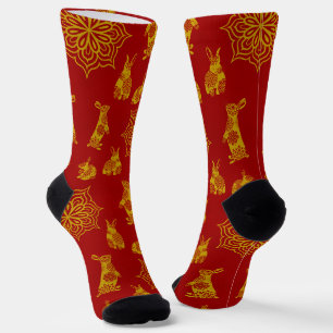Year of the Rabbit Red and Gold Mandala Pattern Socks