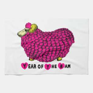Year of the Ram Sheep or Goat Pink Kitchen Towel