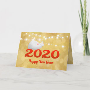 Year of the Rat 2020 Cute White Rat on Gold Holiday Card