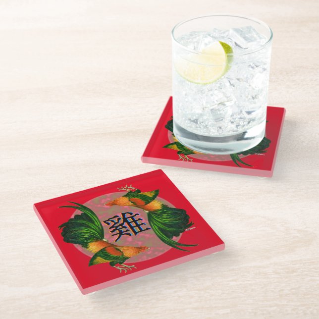 Year of the Rooster Circle Glass Coaster (Angled)