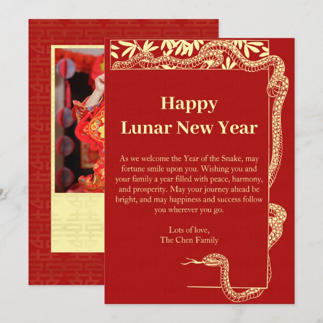 Year Of The Snake Red Chinese New Year 2025 Photo Holiday Card (Front/Back)