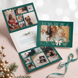 Year Review Christmas Photo Collage Elegant Bow Tri-Fold Holiday Card