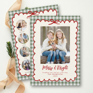 Year Review Green Gingham Red Bow Family Christmas Holiday Card