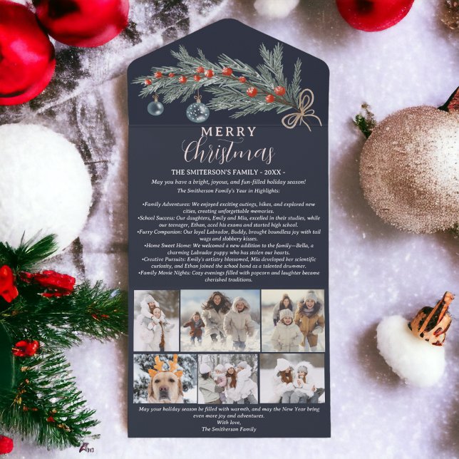 Year review pine red Merry Christmas 6 photos All In One Invitation (Year review pine red Merry Christmas 6 photos All In One Invitation on dusty blue)