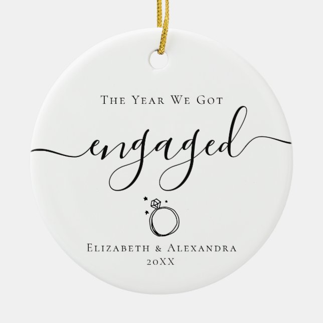 Year we got engaged couple names year photo ceramic tree decoration (Front)
