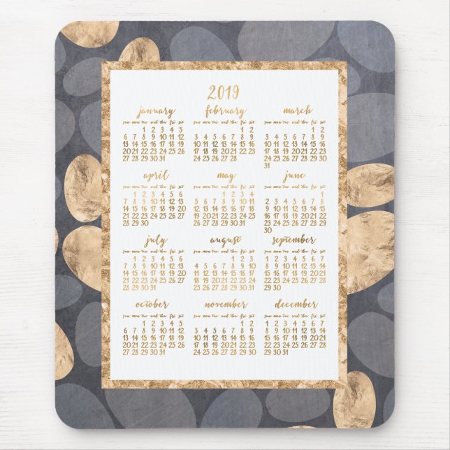 Yearly Calendar 2019 Mouse Gold Foil Dark Grey Mouse Pad (Front)