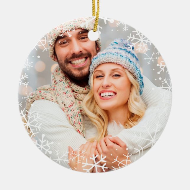 Yearly Christmas White Snowflakes Custom Colour Ceramic Tree Decoration (Front)