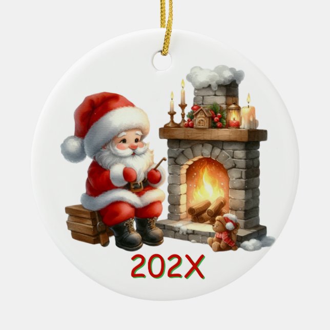 Yearly Santa By The Fire Ceramic Tree Decoration (Front)