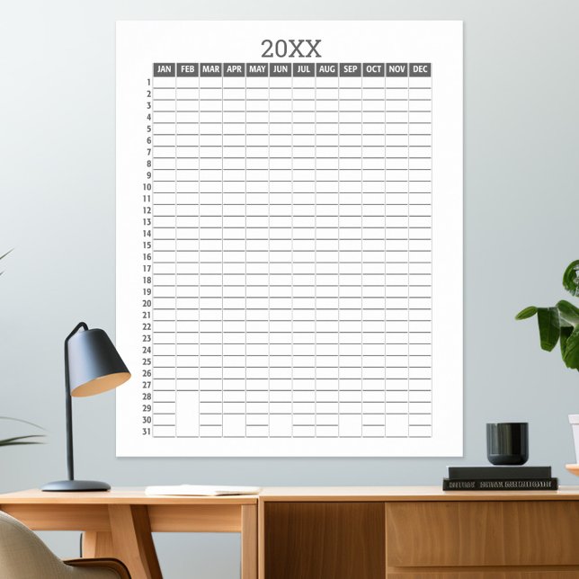 Yearly View Calendar -- Grey White Goal Planner Poster (any year - calendar poster)