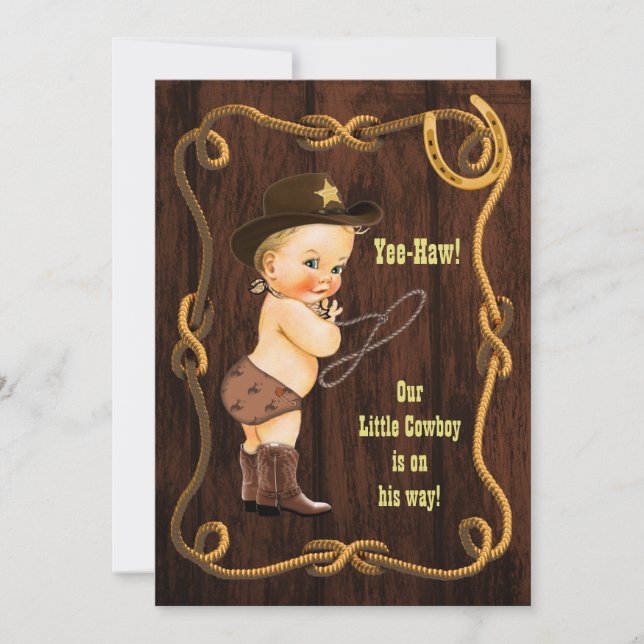 Yee-Haw! Blonde Cowboy Rustic Baby Shower Invitation (Front)