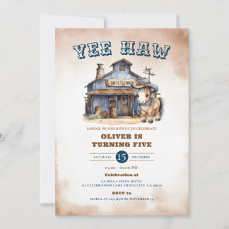Yee haw Cowboy Rodeo Wild West Ranch 5th Birthday Invitation