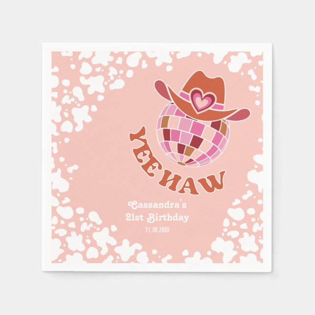 Yee Haw Peach Disco Cowgirl Rodeo Birthday Napkin (Front)