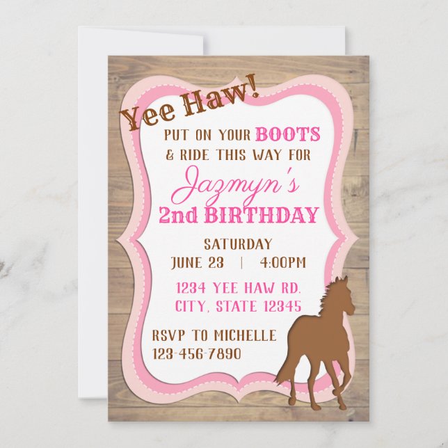 Yee Haw Pink Cowgirl Invitation (Front)