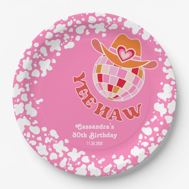 Yee Haw Pink Disco Cowgirl Rodeo Birthday Paper Plate (Front)