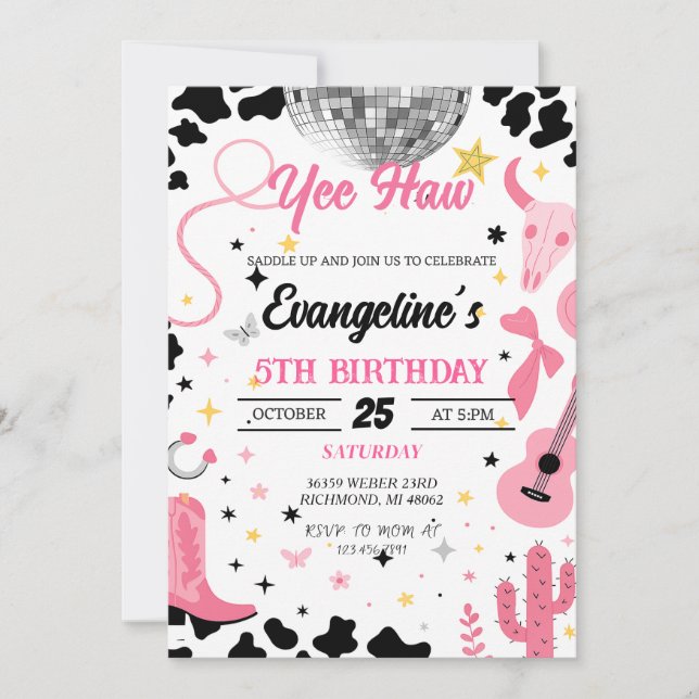 Yee Haw Pink Space Cowgirl Disco Rodeo Birthday  Invitation (Front)
