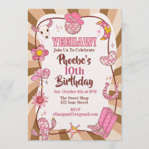 Yee Haw! Retro Disco Cowgirl Rodeo Birthday Party Invitation