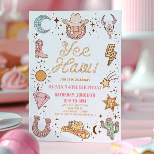 Yee Haw! Retro Disco Cowgirl Rodeo Birthday Party Invitation