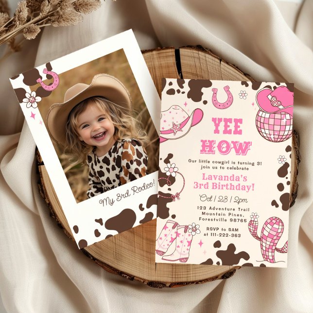 Yee Haw Rodeo Cowgirl 3rd birthday photo Invitation (Creator Uploaded)