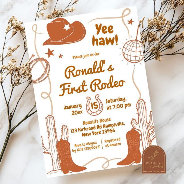 Yeehaw Disco Cowboy First Rodeo Birthday Boy Invitation (Creator Uploaded)