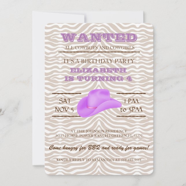 YEEHAW! Purple Cowgirl Birthday Party Invitation (Front)