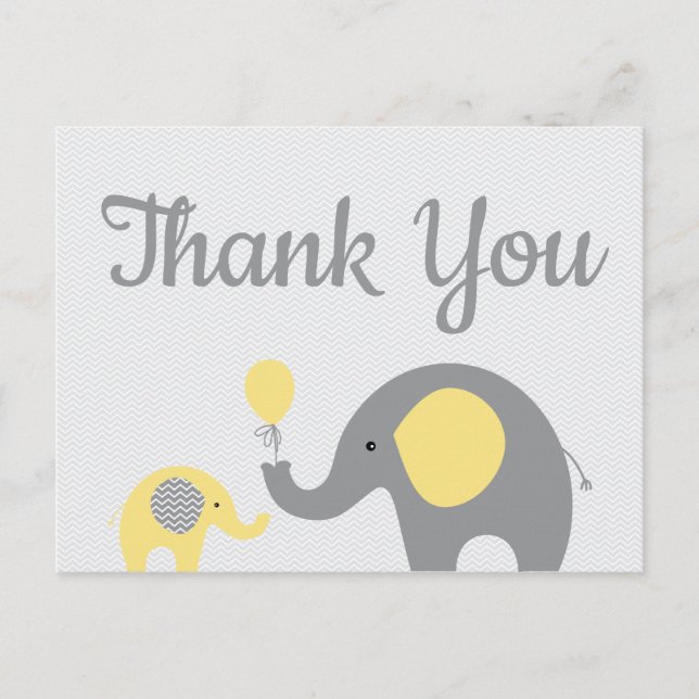 Yello Grey Elephant Baby Shower Thank You Postcard (Front)