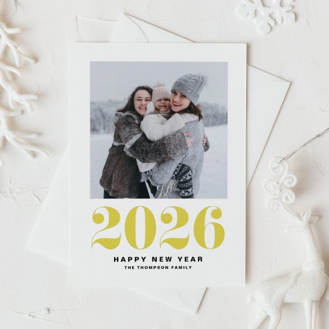Yellow 2025 Bold Typography New Year Photo Holiday Card (Ring in 2026 with this yellow Happy New Year photo card featuring retro bold typography.)