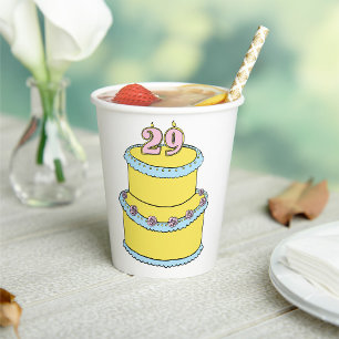 Yellow 29th Birthday Cake with Pink Roses Paper Cups
