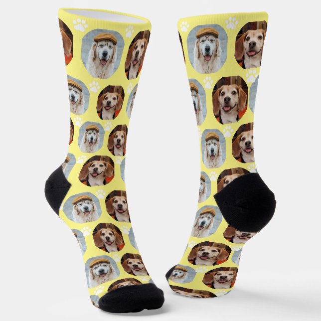 Yellow 2 Pet 2 Photo Paw Print Cute  Socks (Angled)