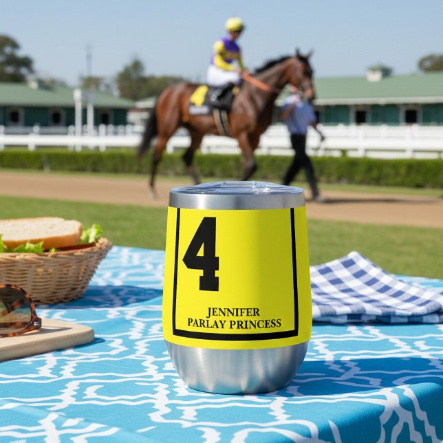 Yellow 4 Personalised Derby Horse Race  (Personalize this yellow wine tumbler as a gift for your favorite horse racing fan. )