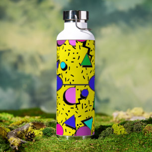 Yellow 80s Memphis Abstract Style Retro Monogram Water Bottle