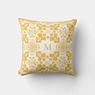 Yellow Abstract Floral Pattern Modern Monogram Cushion