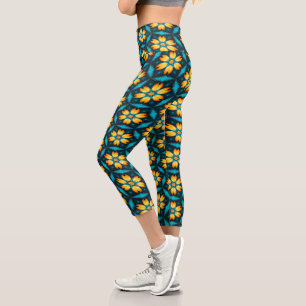 Yellow Abstract Flowers Capri Leggings