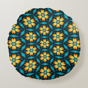 Yellow Abstract Flowers Round Cushion