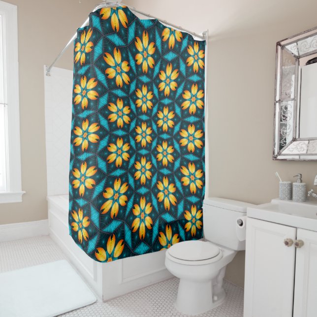 Yellow Abstract Flowers Shower Curtain (In Situ)