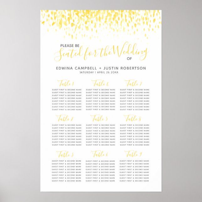 Yellow abstract watercolor art wedding table plan poster (Front)