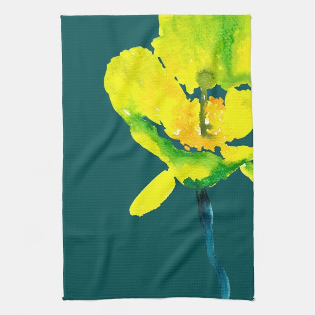 Yellow abstract watercolor loose floral tea towel (Vertical)